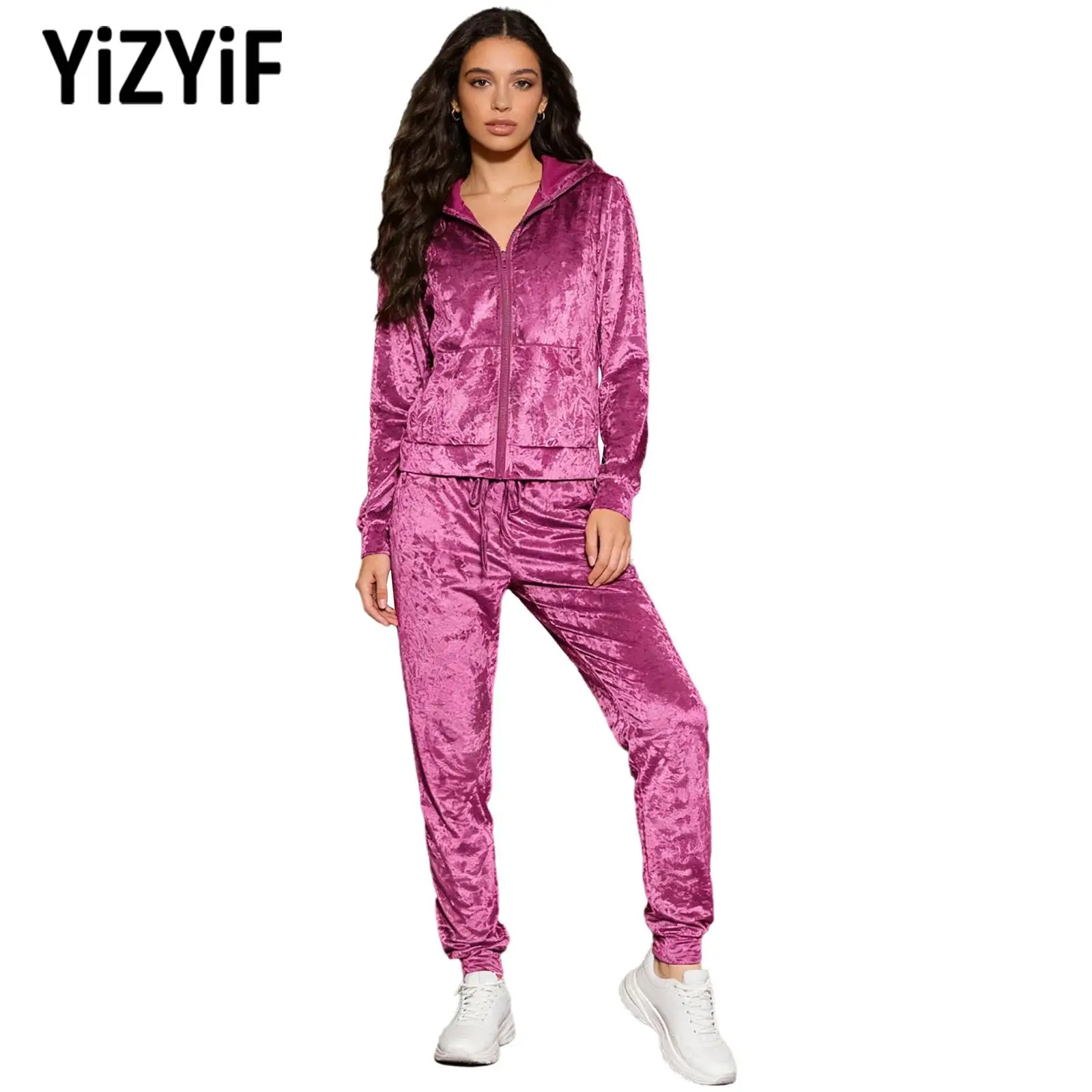 

Женская спортивная одежда, модный бархатный спортивный комплект, куртка с длинными рукавами на молнии и брюки с капюшоном для тренажерного зала, йоги, фитнеса, бега, пробежек