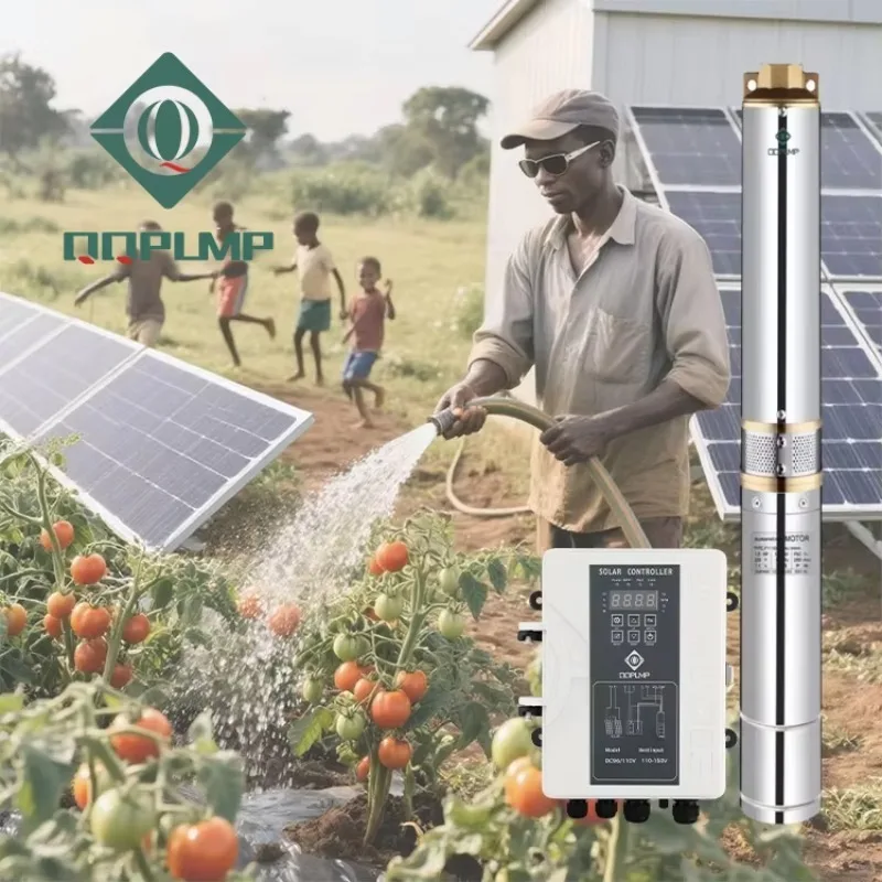 

QQPUMP Сельскохозяйственный бесщеточный центробежный погружной насос постоянного тока 4 дюйма 600 Вт для глубоких скважин, работающий от солнечной энергии