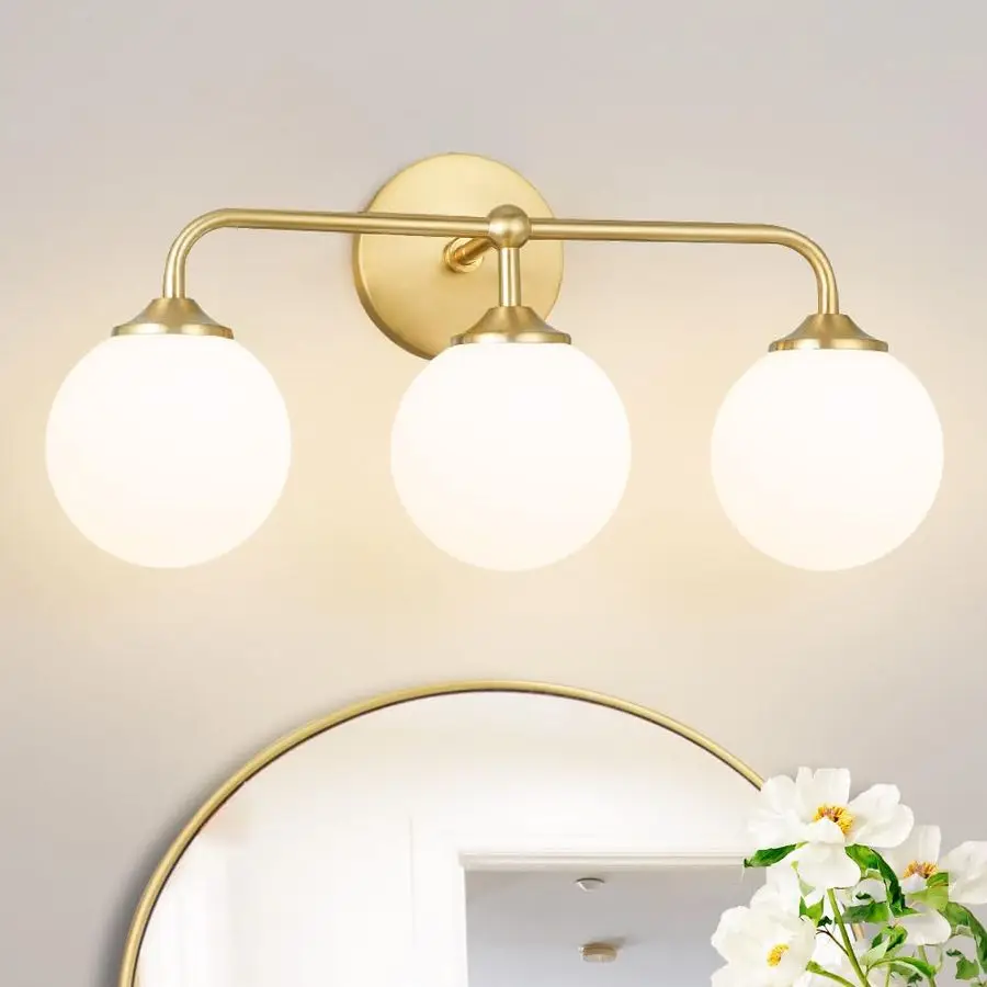 

Brushed Gold 3Lights Vanity Light Fixtures with Milky White Glass Ball Shades, Mid Century Brass Wall Sconce Lighting Fixtures o