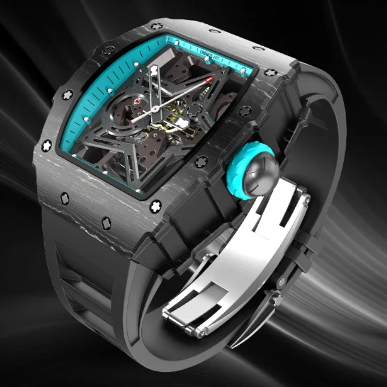 CRONUSART Orologio automatico da uomo Tonneau Cassa in fibra di carbonio Orologio da polso meccanico Quadrante luminoso scavato Cinturino in gomma fluorurata