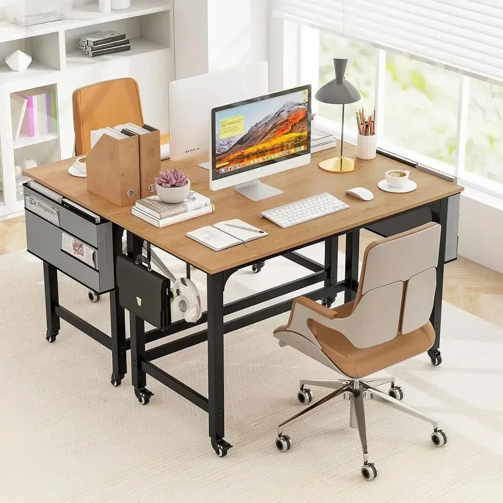 Double-Person Conference Table, Portable Laptop Desk with Storage and Hooks, Sturdy Rolling Meeting Table, Natural-Tone Conferen