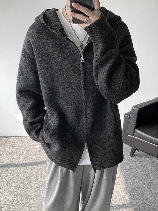 

ay Heavyweight Hooded Knitted Sweater Men's Loose American Lazy Open Cardigan Sweater Vintage Casual Outerwear