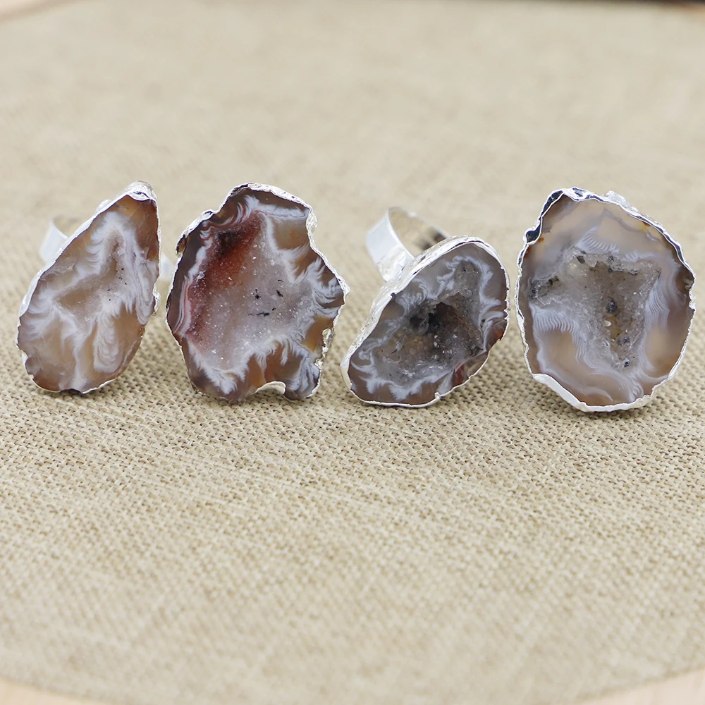 Natural Stone Irregular Agate Druzy Finger Ring Silver Plated Healing Quartz Primary Slice Resizable Size Jewelry Wholesale 6Pcs