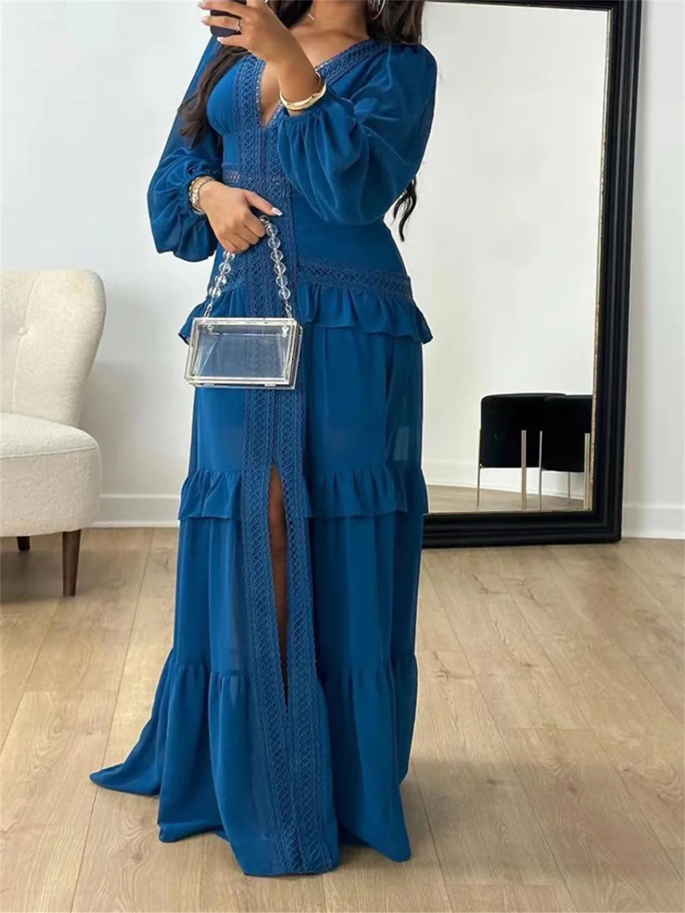 Elegant Deep V-Neck Patchwork Ruffles Hollow Maxi Dress for Women Lantern Long Sleeve High Waist Dresses Lady Party Robes