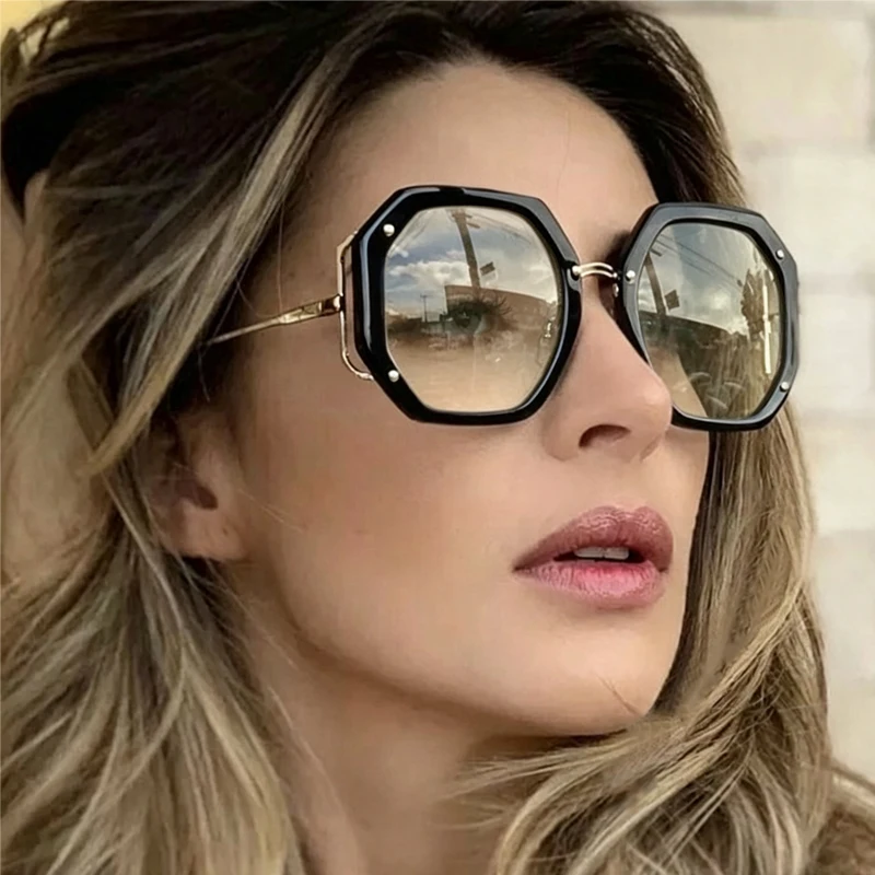 Oversized Octagonal Polygon Women Vintage Rivet Metal Decoration UV400 Big Frame Ladies Fashion Eyewear for Party Travel Beach
