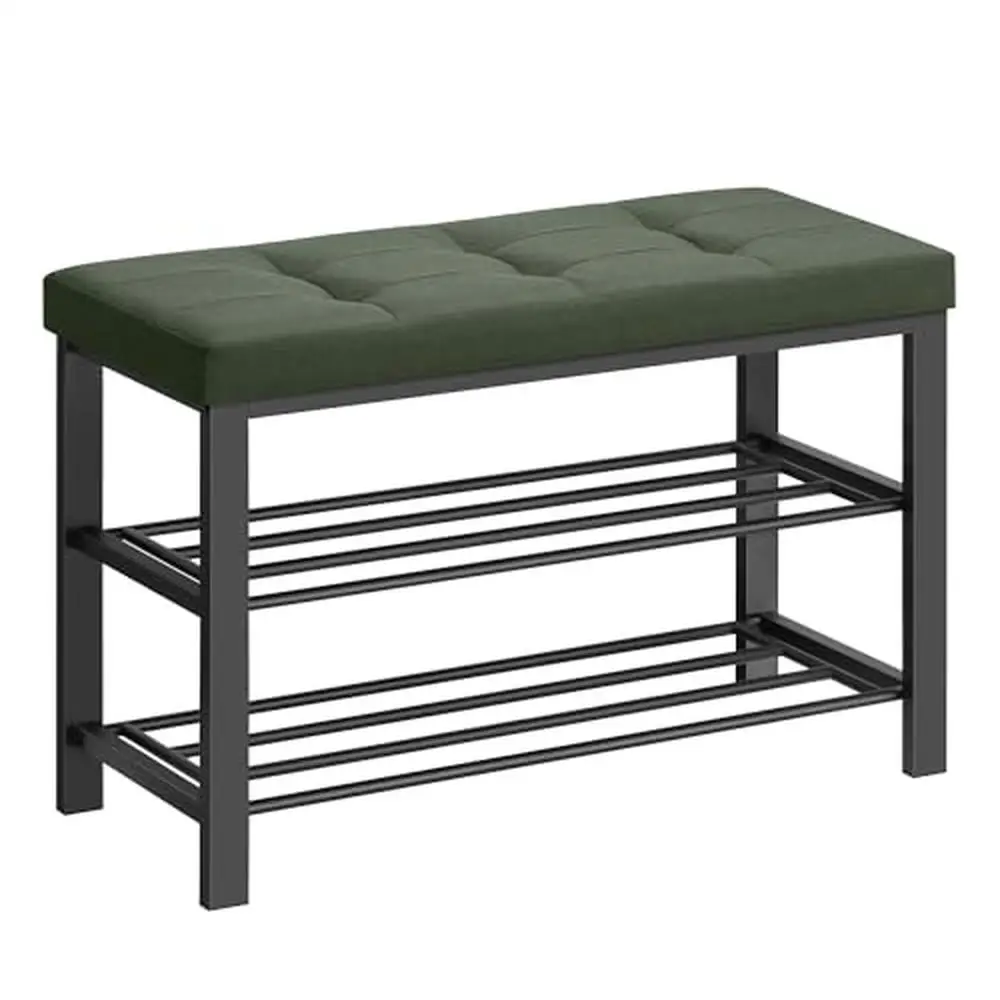 

3-Tier Shoe Storage Bench Cushioned Seat Organizer Metal Frame Cozy Living Room Hallway Forest Green Easy Assembly Versatile Use