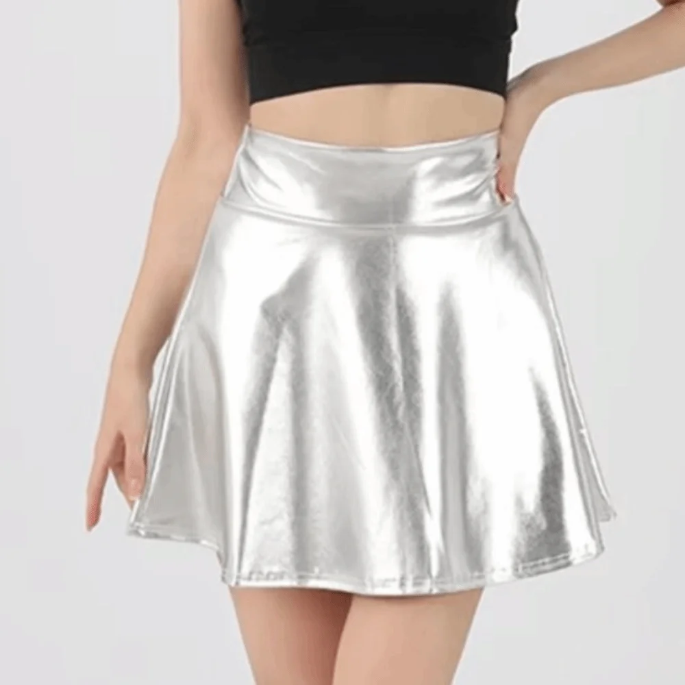 

Fashion Elegant Metallic Pleated Skirt Gold Silver Retro Shiny Short Dress Elastic Flared Design Pleated Skater Skirt Daily Wear