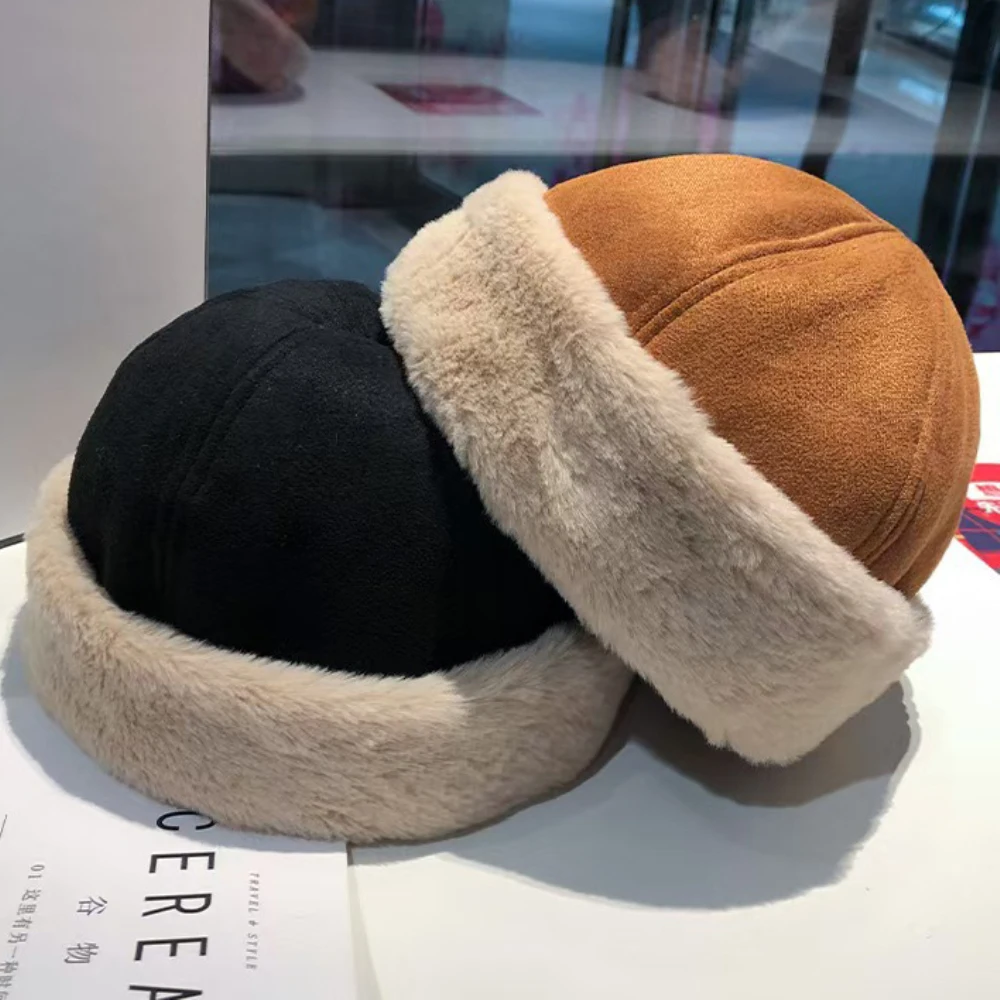 

HT5000 New Autumn Winter Cap for Men Women Thick Warm Lamb Fleece Lined Bomber Hat Male Female Solid Plain Suede Russian Fur Hat