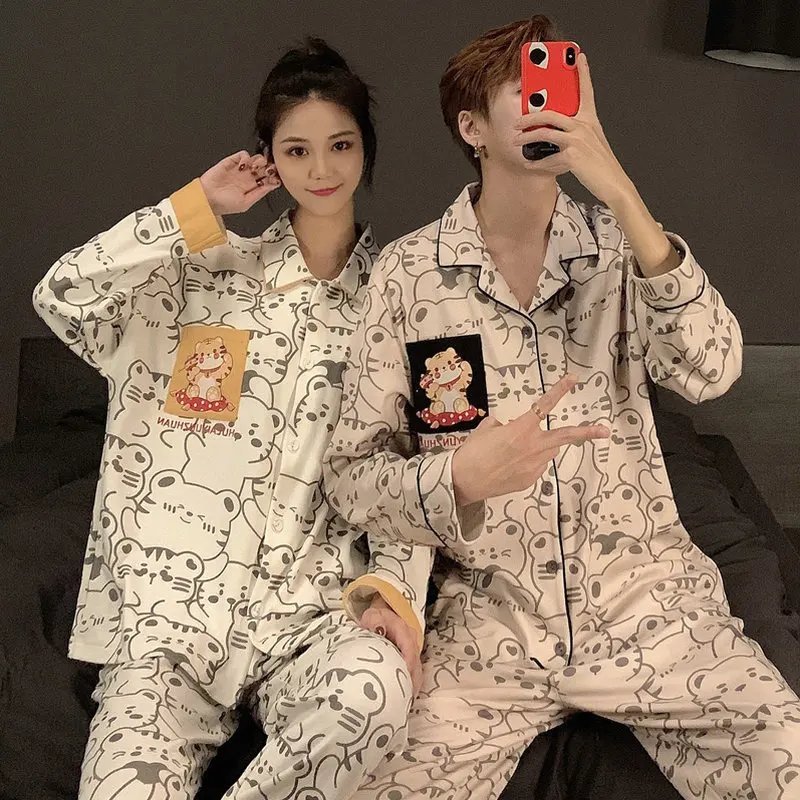 Couple Pajamas Women\'s Cotton Spring and Autumn 2023 New Korean Long Sleeve Autumn Cartoon Men\'s Homewear Set