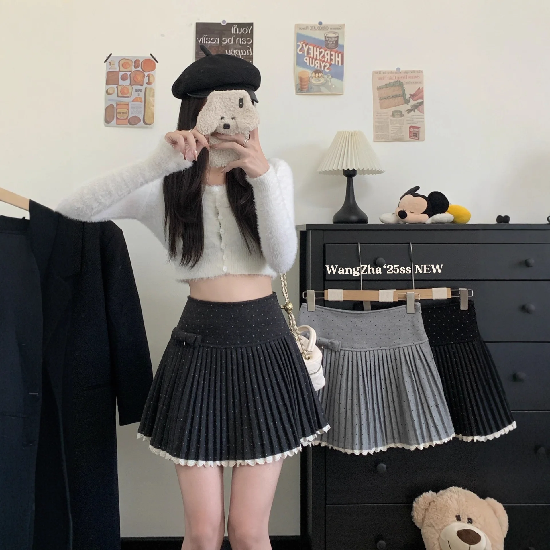 

Осень-зима 2025 года, новинка в корейском стиле, высококачественная плиссированная юбка в горошек с высокой талией, полуюбка, мини-юбка, юбка А-силуэта