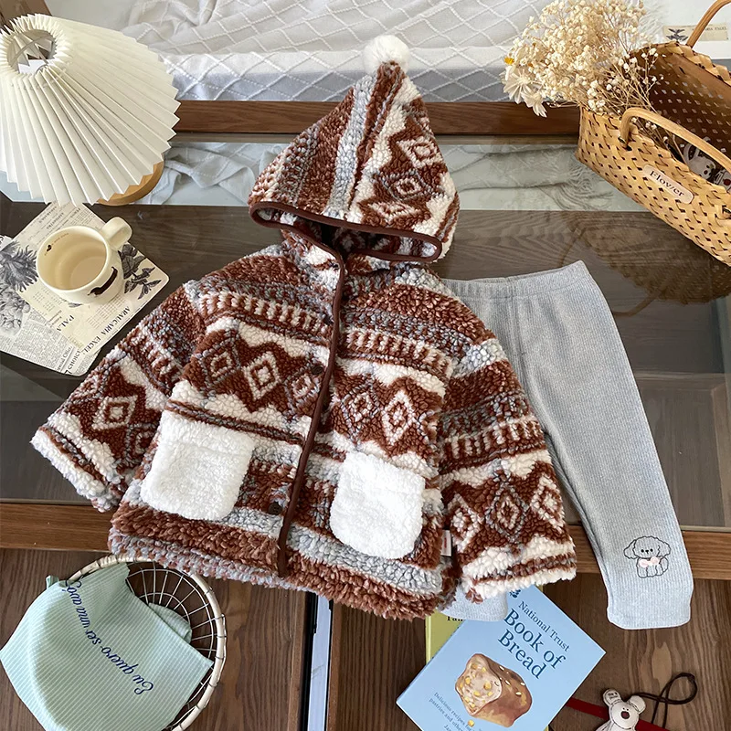 

Kids Girls Warm Fleece Coat Contrast Color Plaid Print Hooded Long Sleeve Padded Jackets 1-6Y Children Thick Cotton Coat