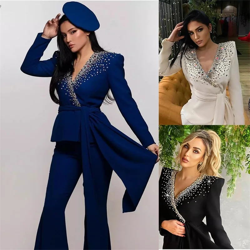 Crystal Rhinestone Women Suits For Wedding Luxury Evening Party Prom Dress 2 Pieces Custom Made Blazer Tuxedos (Jacket+Pants)