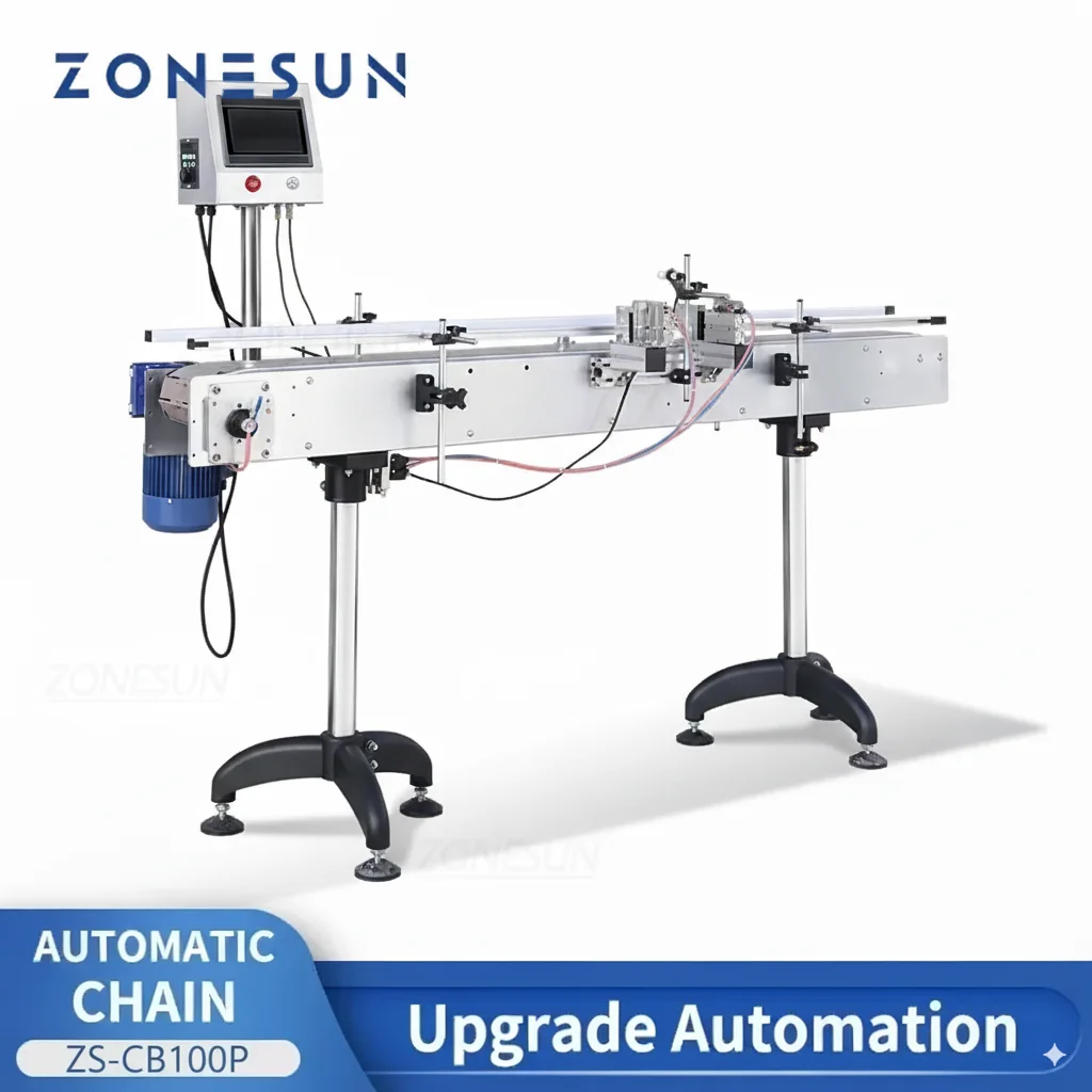 

Автоматическая цепная конвейерная лента Zonesun 1,9 м для транспортных товаров, используемая с производственной линией для наполнения и укупорки ZS-CB100P