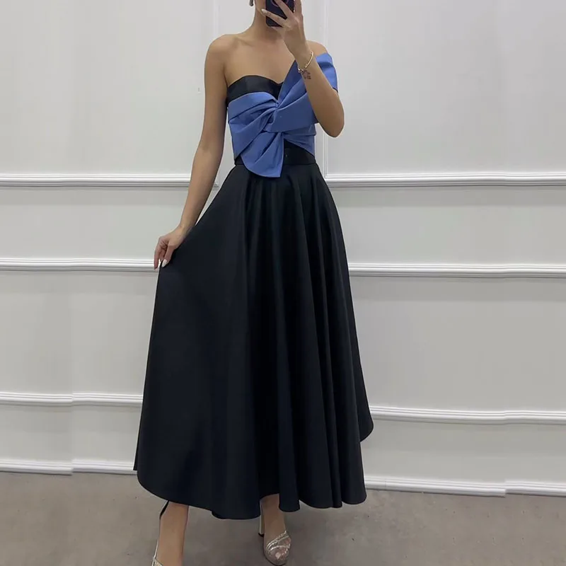 Bow Contrasting Color Slim Evening Dress Elegant Off Shoulder Pleated Women Party Dress Fashion Patchwork Strapless Long Dresses