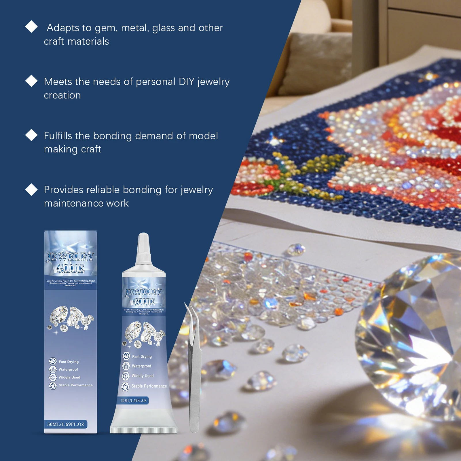 50ml Jewelry Glue Crystal Clear Diamond Setting Adhesive Waterproof For Jewelry Rhinestonne Crafts Glue with Tweezers