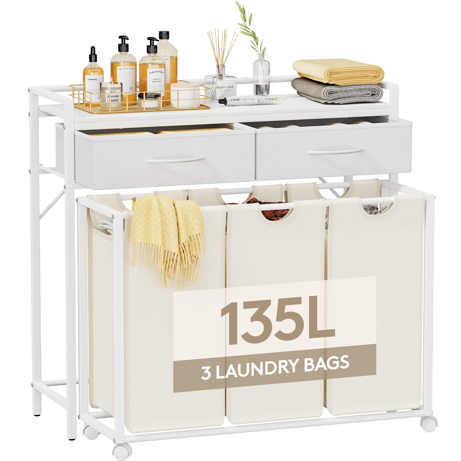 

Laundry Hamper 3 Section, Large Rolling Laundry Sorter with Shelf & 2 Drawers, Pull-Out Laundry Basket Organizer with Wheels