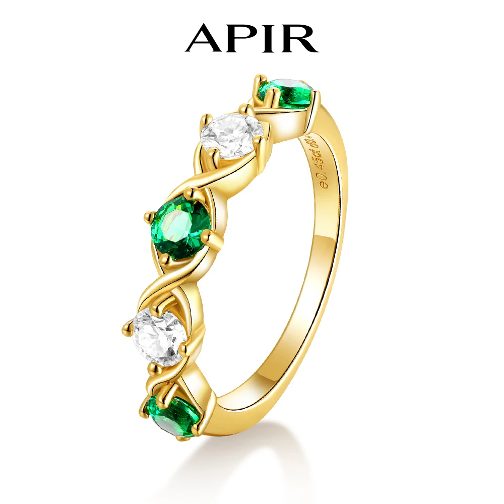 APIR Round Cut Emeralds Moissanite Ring for Women Solid 925 Silver Luxury 5 Gem Rings with Certificate Anniversary Wedding Gifts