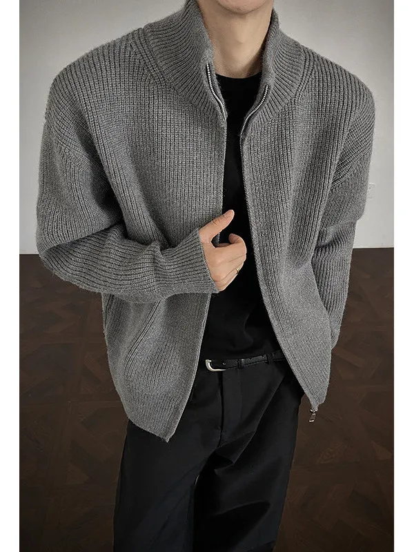 

Мужской вязаный кардиган на молнии с воротником-стойкой в корейском стиле, свободного кроя, для осени, в американском повседневном стиле, высококачественный, в стиле lazy.