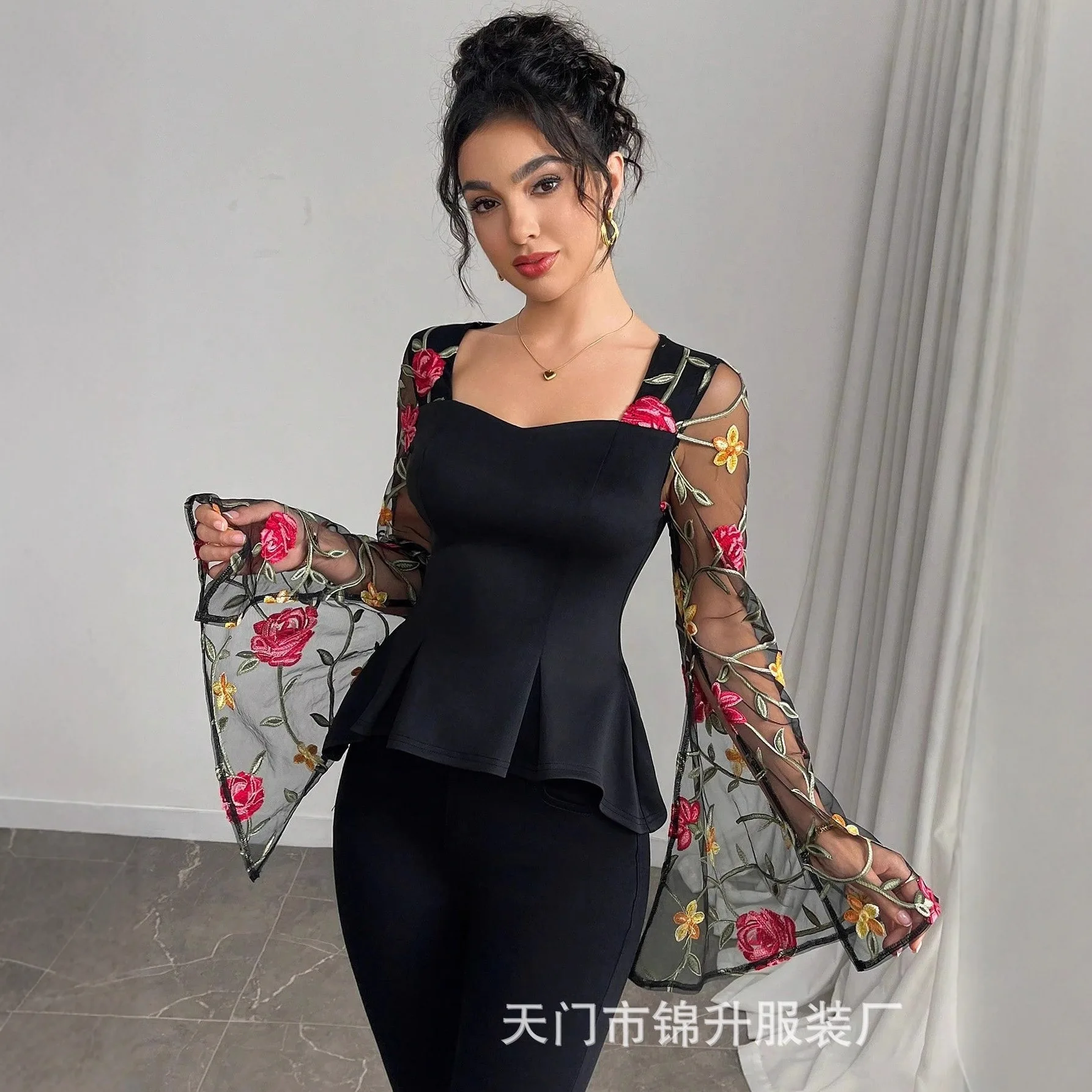 Women's Slim-fit Square-neck Lace Patchwork Contrast Color Long-sleeve Top Summer Long Dress Maxi Midi Outfits Vestidos