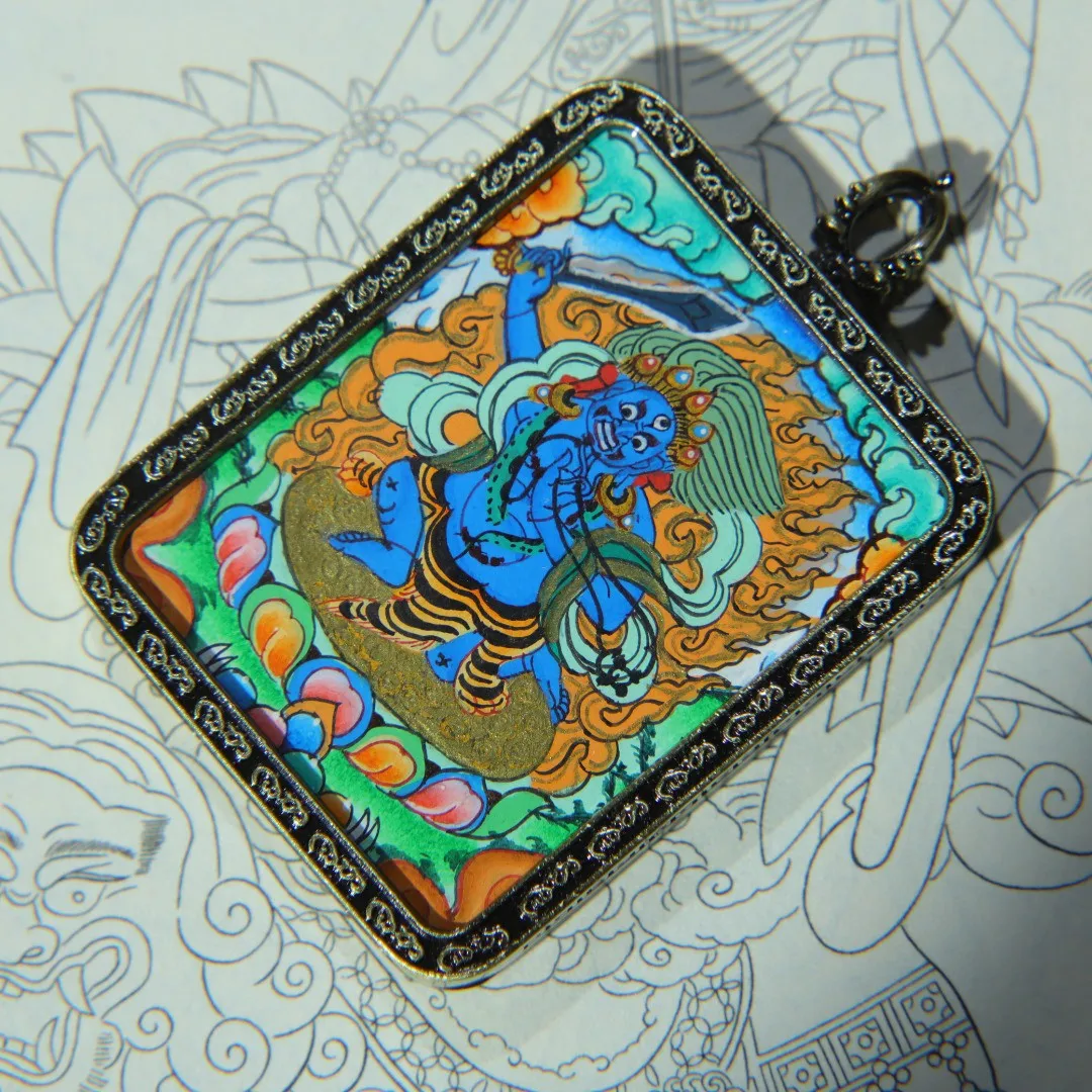 Tibetan Buddha brass frame painted immovable Mingwang God of Wealth Thangka pendant square brand necklace pendant jewelry 6.3 cm