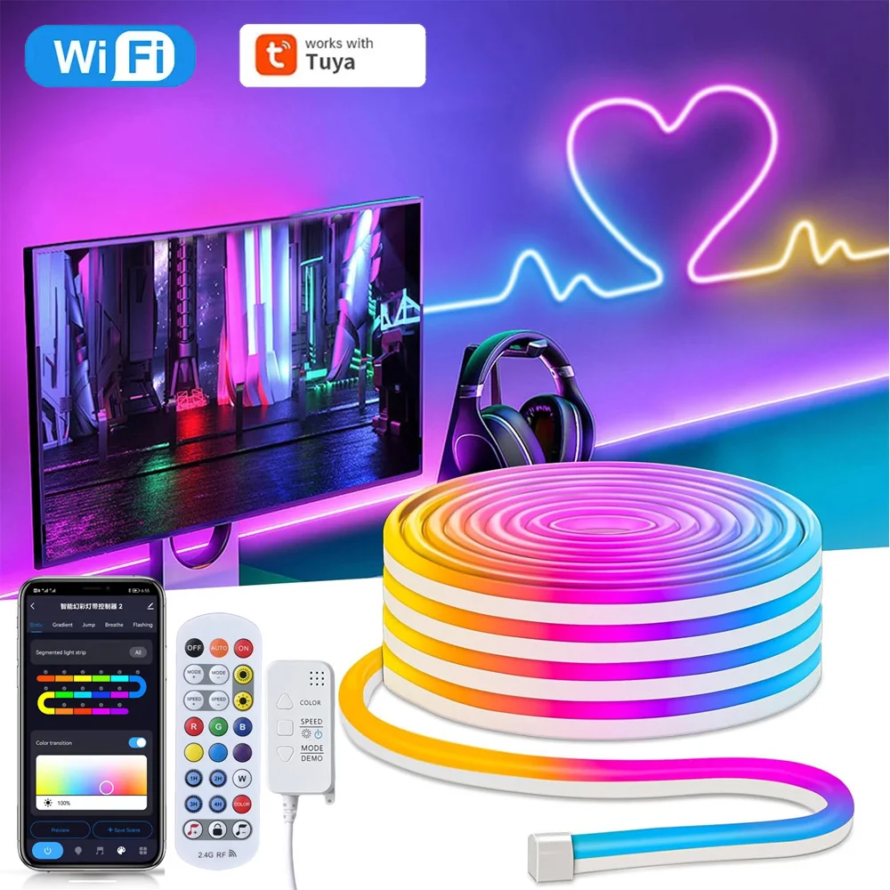 Tuya WiFi NEON RGBIC LED Strip 12V 5m 10M Music Sync Dream Color DIY Addressable Light Waterproof RF Remote Fr Alexa Google Home