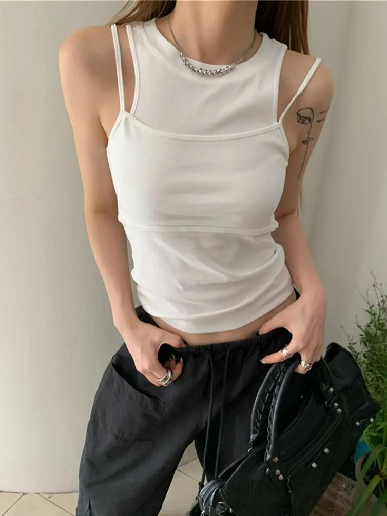 

Alien Kitty All Match Tank Tops Women Fake Two Pieces Camis Slim-Fit Sexy Summer 2023 OL Outwear High Street High Stretch