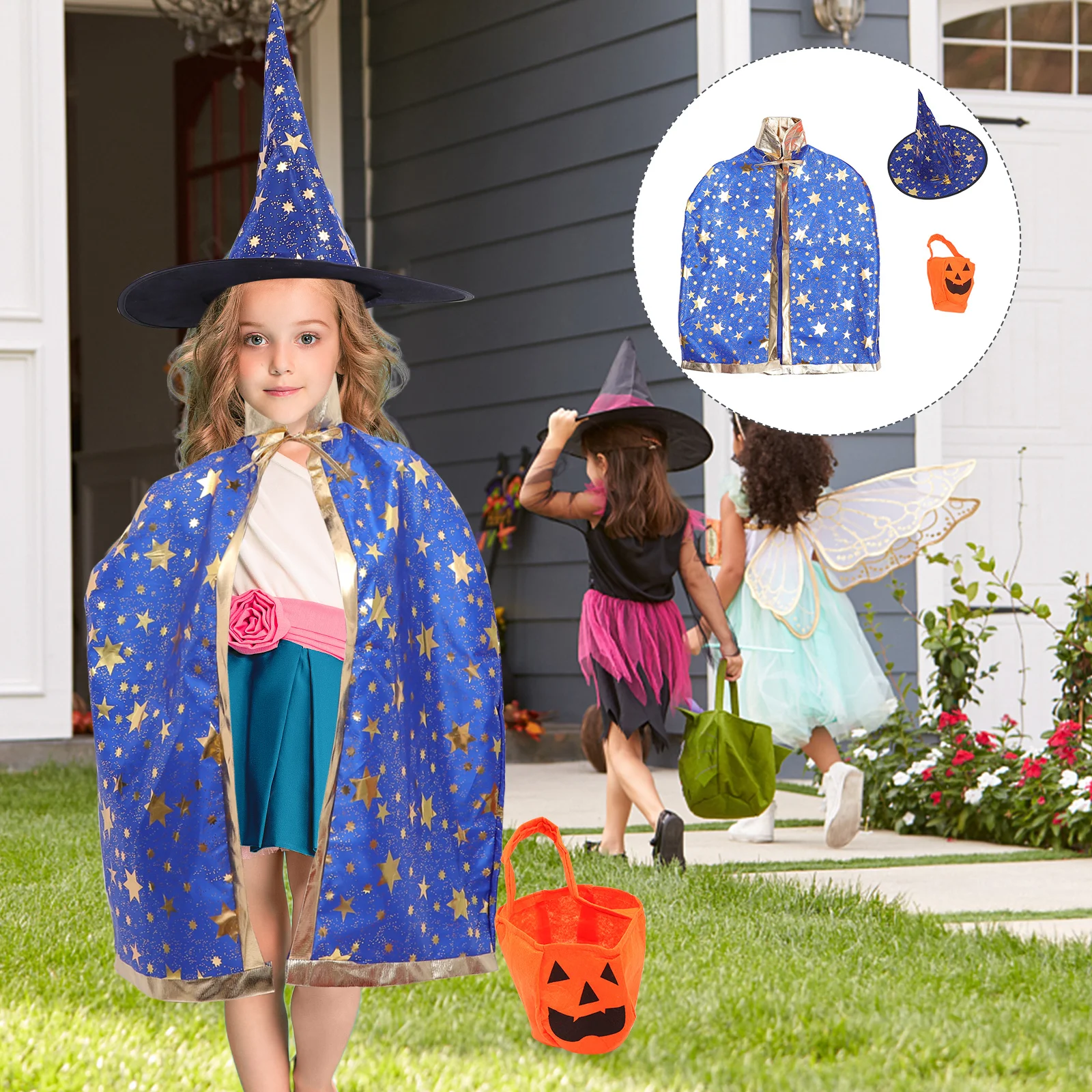 

Witch Costume Children Cosplay Costumes Kids Halloween Cloak with Hat Wizard Cape Caps