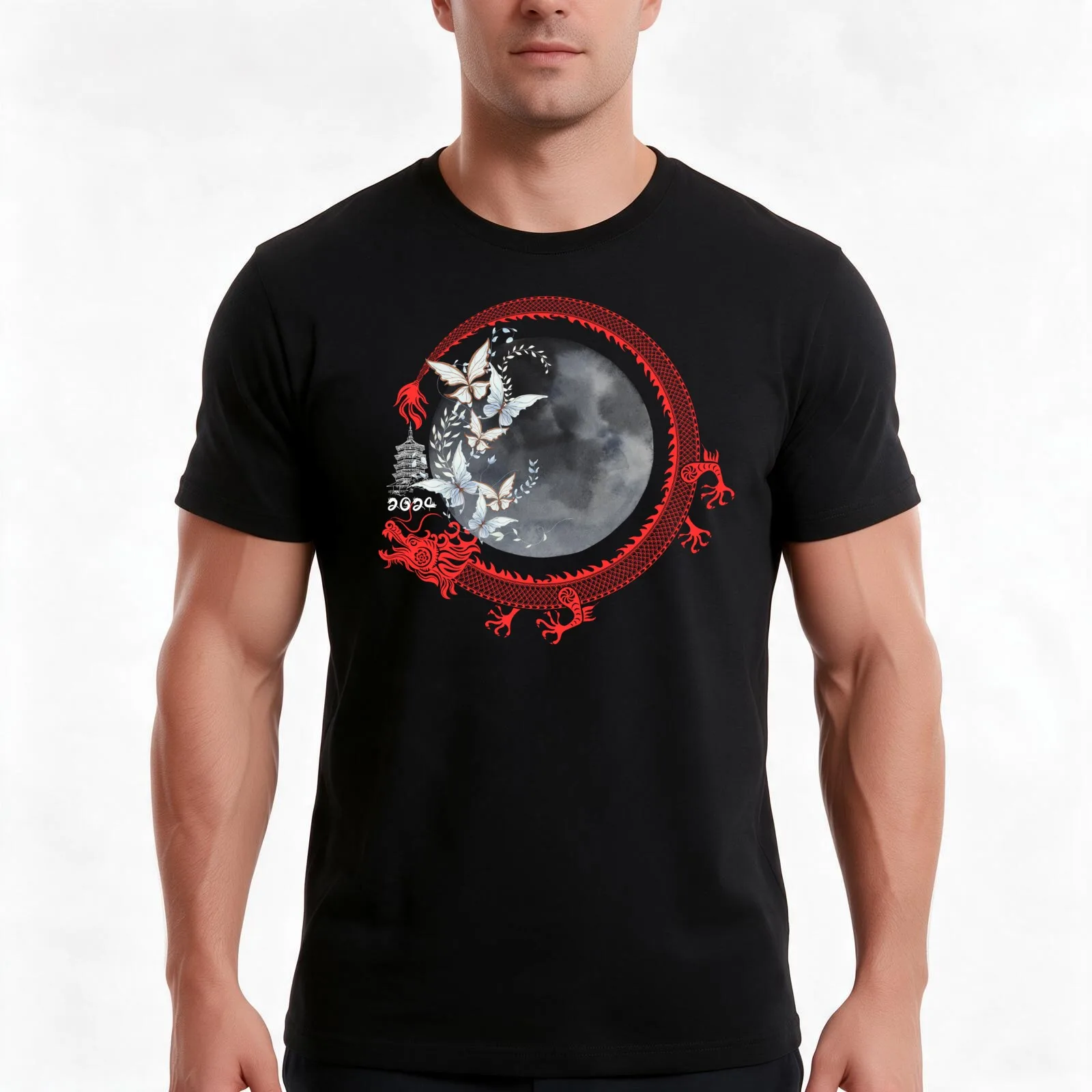 Papillon lunaire chinois2024 T-Shirt, Summer Casual Cotton Tee, Oversized Streetwear Tops, Vintage Graphic Print, 100% Cotton