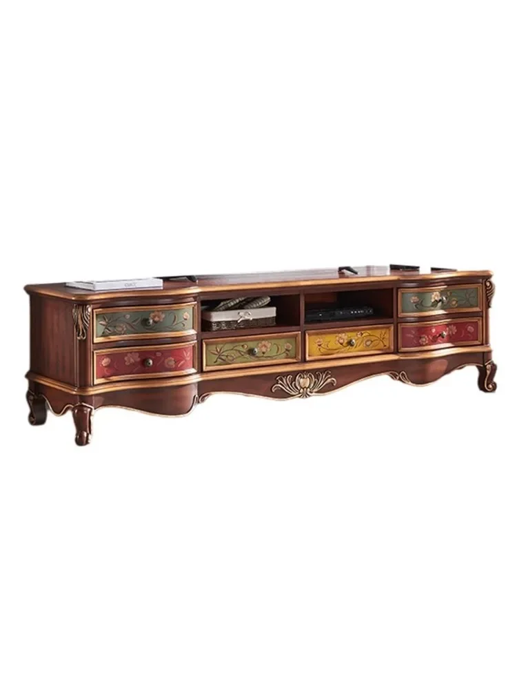 European TV cabinet solid wood American hand-painted coffee table retro painted combination engraved bedroom living room French