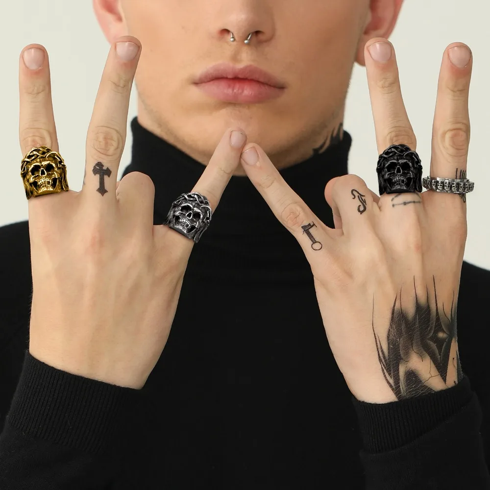 U7 Stainless Steel Skull Rings for Men Vintage Hannya Mask Devil Horn Skull Jesus Sparta Helmet Gothic Signet Ring Jewelry Gift
