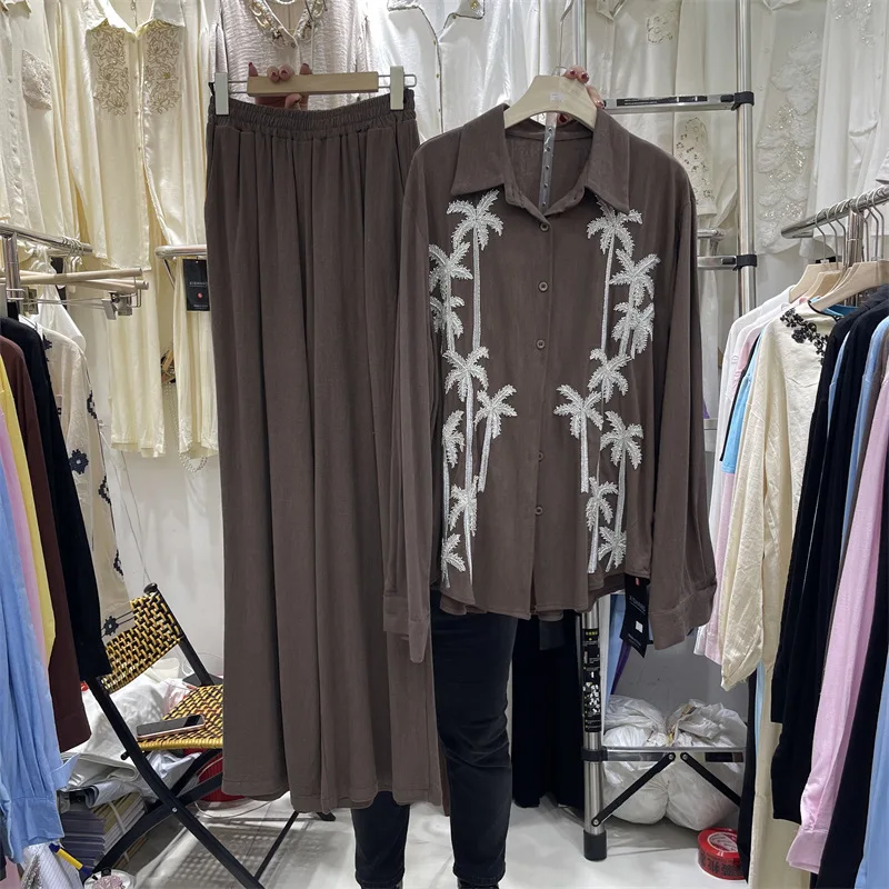 

SuperAen European and American-style Sequin Embroidered Cotton and Linen Long-sleeved Shirts for Women Casual Wide-leg Pants Set