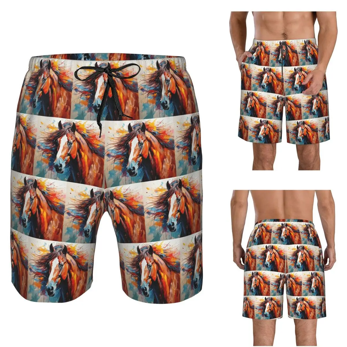 Horse Art Loose Artistic Trunks Beach Board Shorts Casual Quick Dry Swim Summer Men Pants