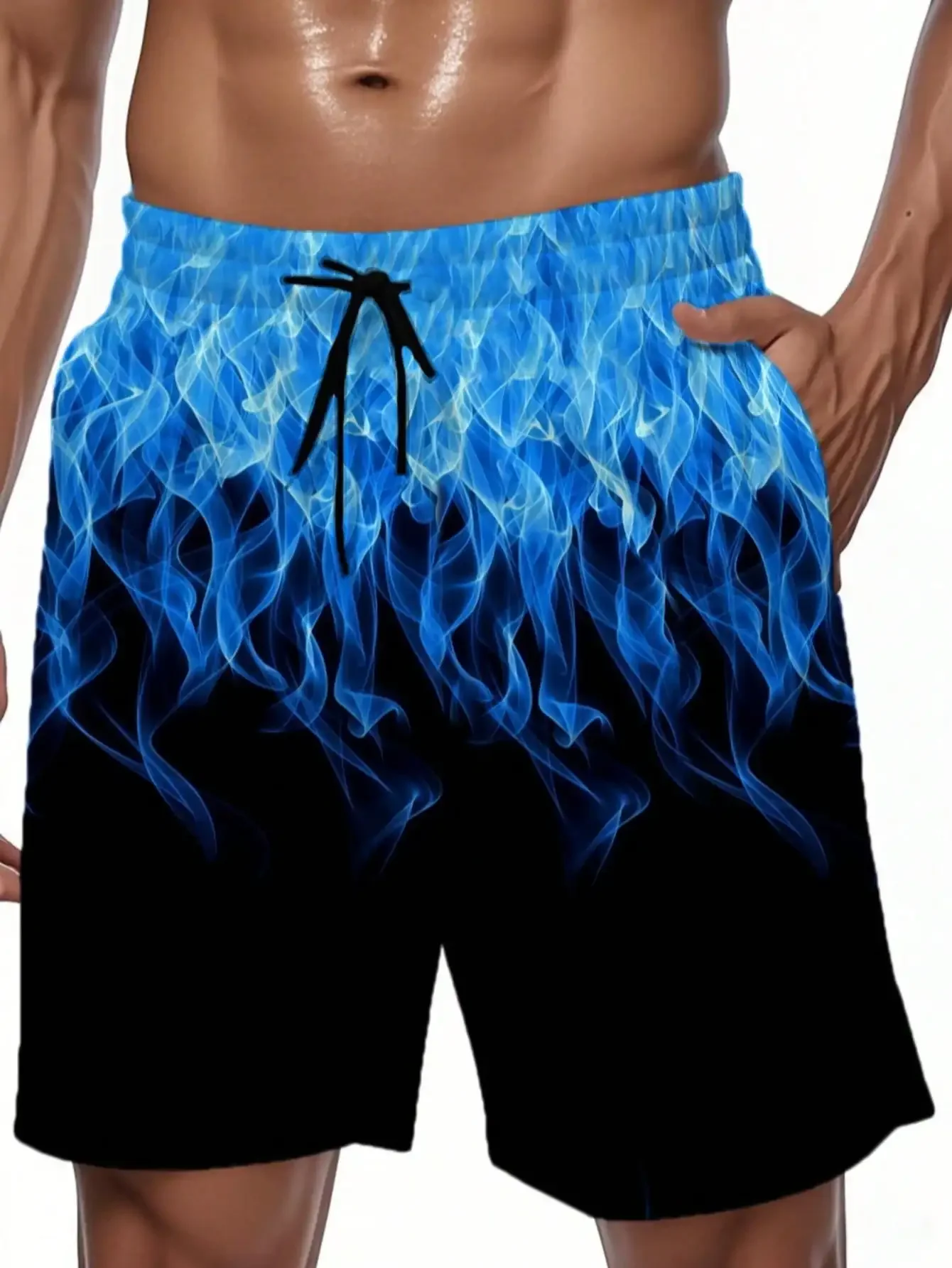 

Men's Blue Flame Gradient Print Casual Shorts, Summer Drawstring Quick-Dry Beach Shorts With Side Pockets