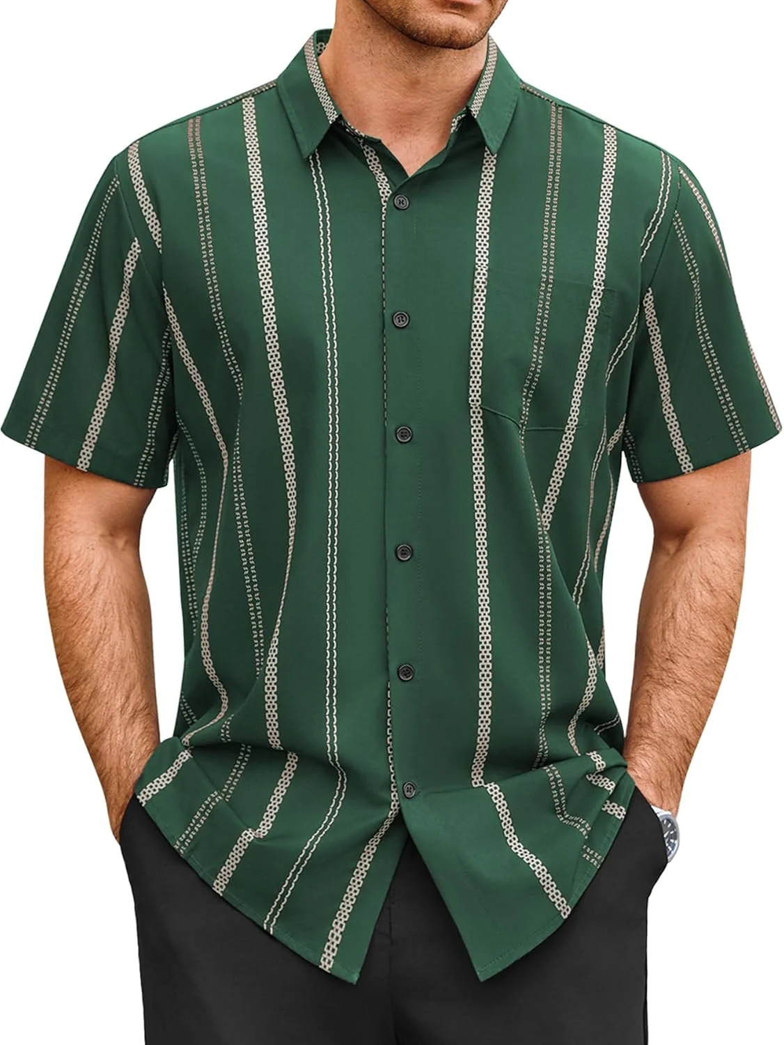 Men's Summer Fashion Simple Linen Short Sleeve Lapel Shirt Purple Green Striped 3D Printed Shirt Business Casual Party Men's Top