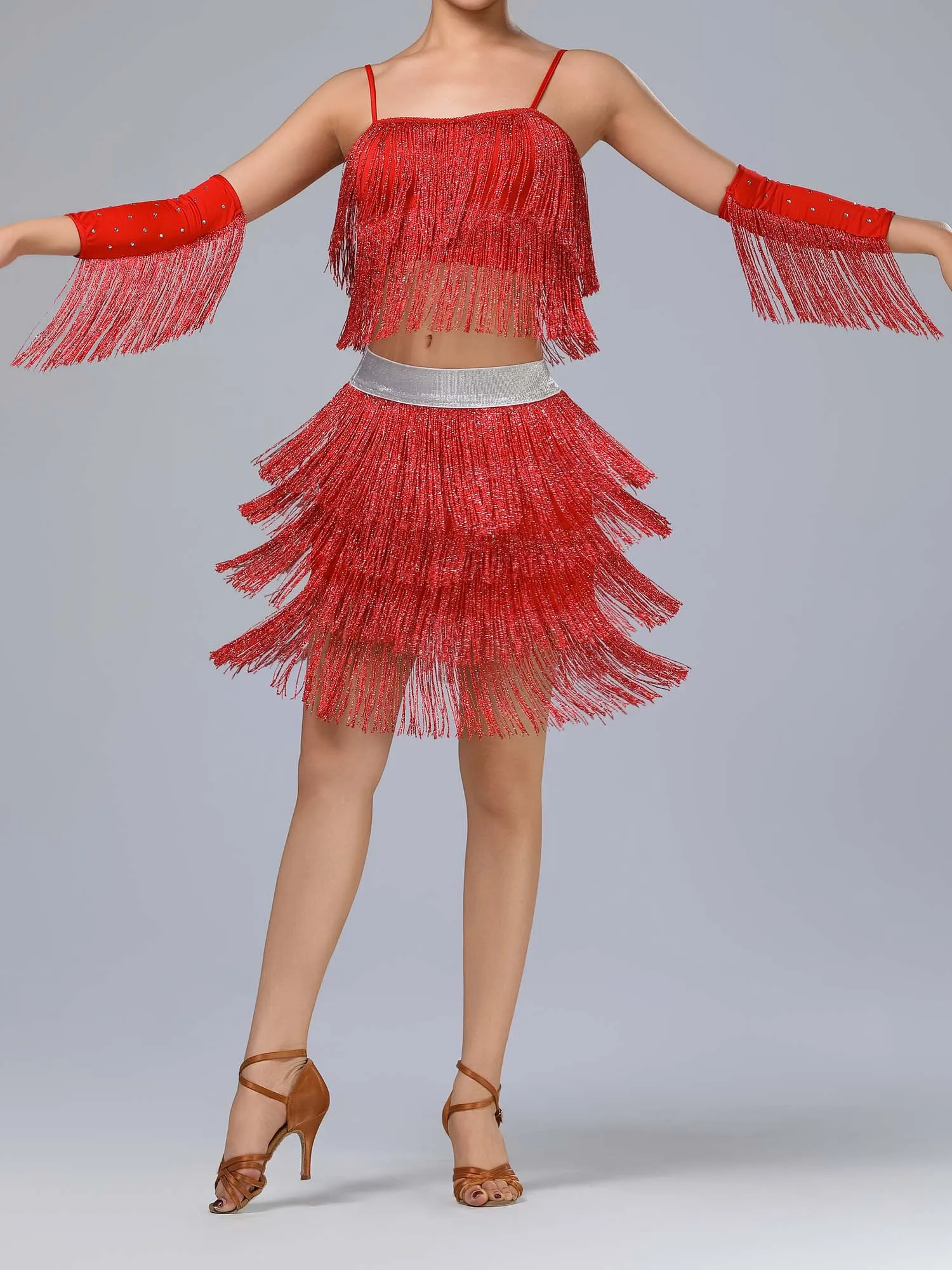

Latin Dance Costume for Women Tiered Tassel Latin Jazz Outfit with Removable Sleeves And Ruffle Skirt for Tango Rumba Dance Show