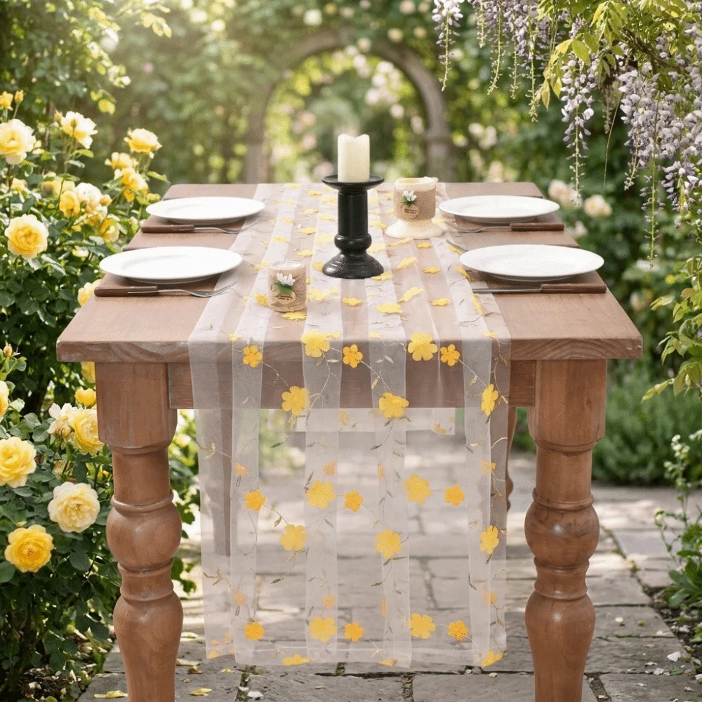 Elegant Romantic Tulle Table Runner 3D Embroidery Vintage Gauze Table Flag Semi-Transparent Floral Tablecloth Banquet