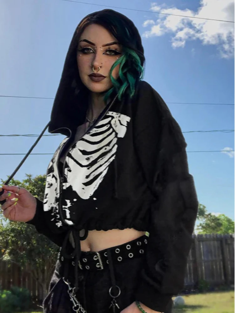 

Новый персонализированный принт черепа, готический темный короткий кардиган с длинными рукавами и капюшоном для зимних мужчин и женщин