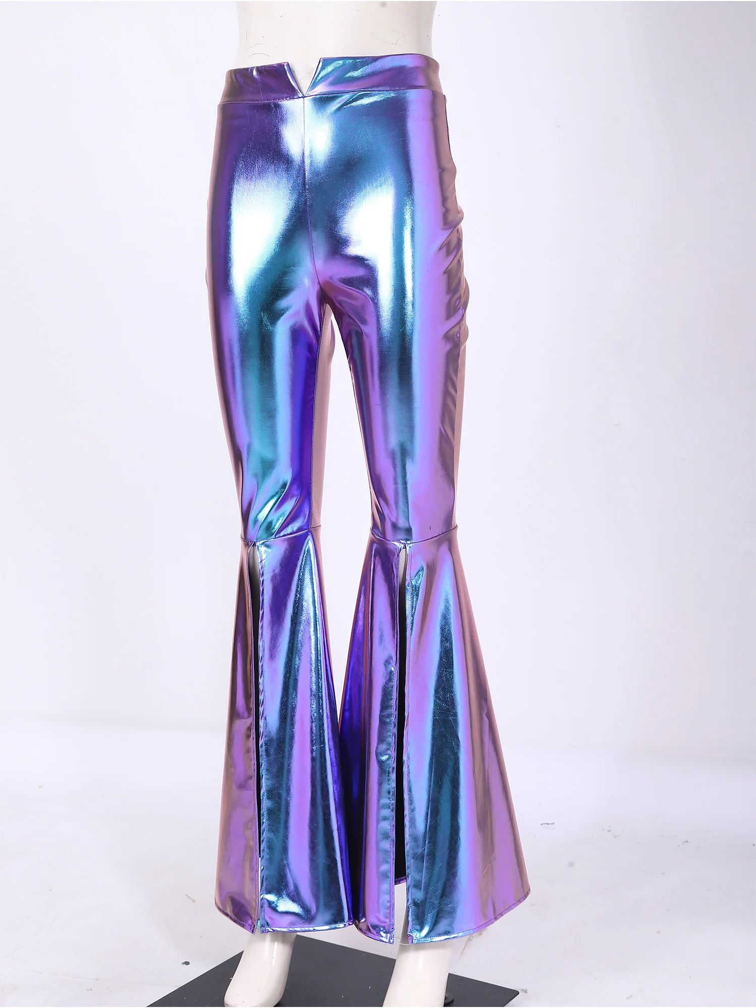 Women 70s Disco Outfits Metallic Long Pants Rave 80s Party Trousers Shiny Flared Pants Jazz Dance costume Split Flares Pants