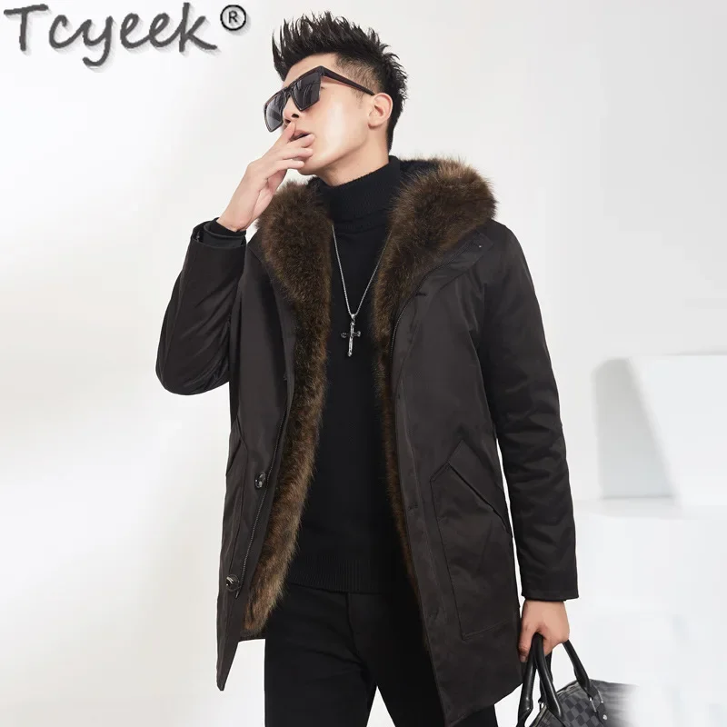 Tcyeek Real Mink Fur Coat Men Winter Clothes Warm Raccoon Fur Collar Mid-long Men's Parka Casual Real Fur Coats Куртка Мужская