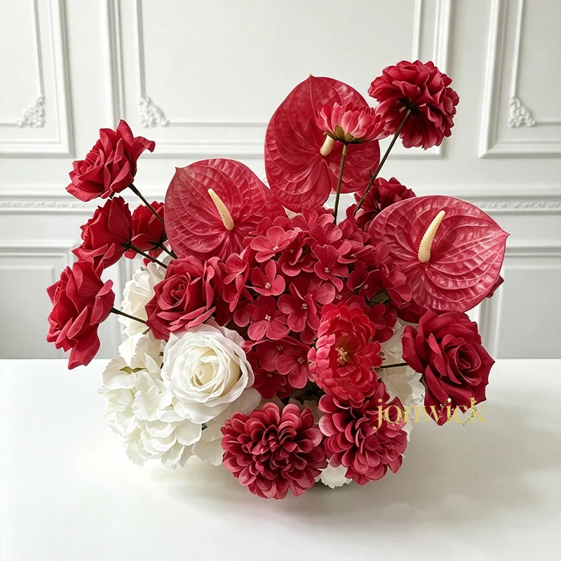 Rot-weiße Rosen-Hortensien Künstliche Rote Anthurien-Arrangement Tischdekoration für Hochzeitsempfang, Esstisch, Party, Heimdekoration – Detail 5