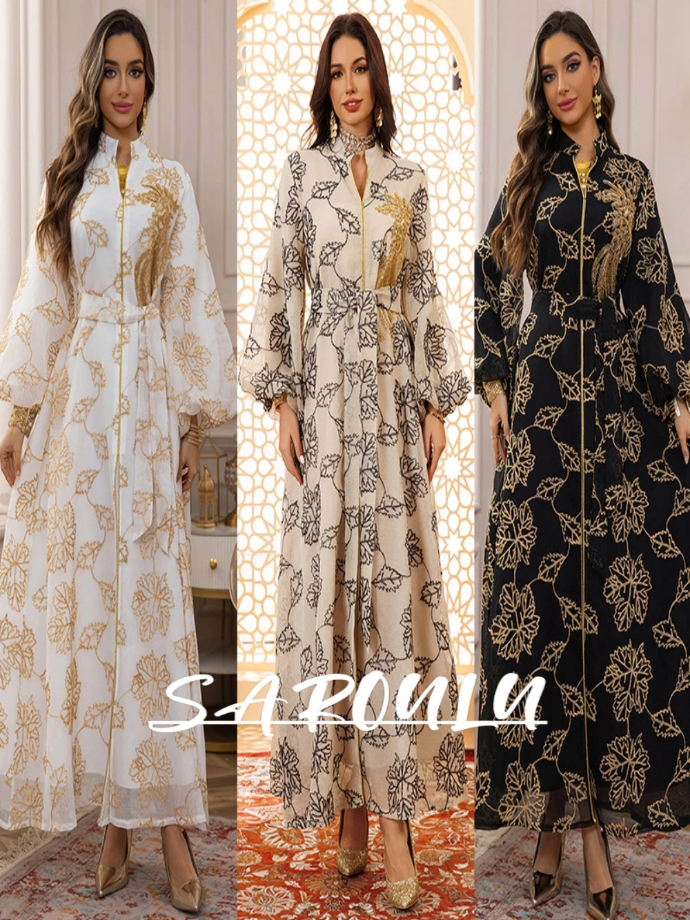 

Muslim Big Swing Dancing Evening Dress, Beaded Long Sleeves Formal Events Wear, With Belt, Elegant Arabic Prom Gown, On Sale