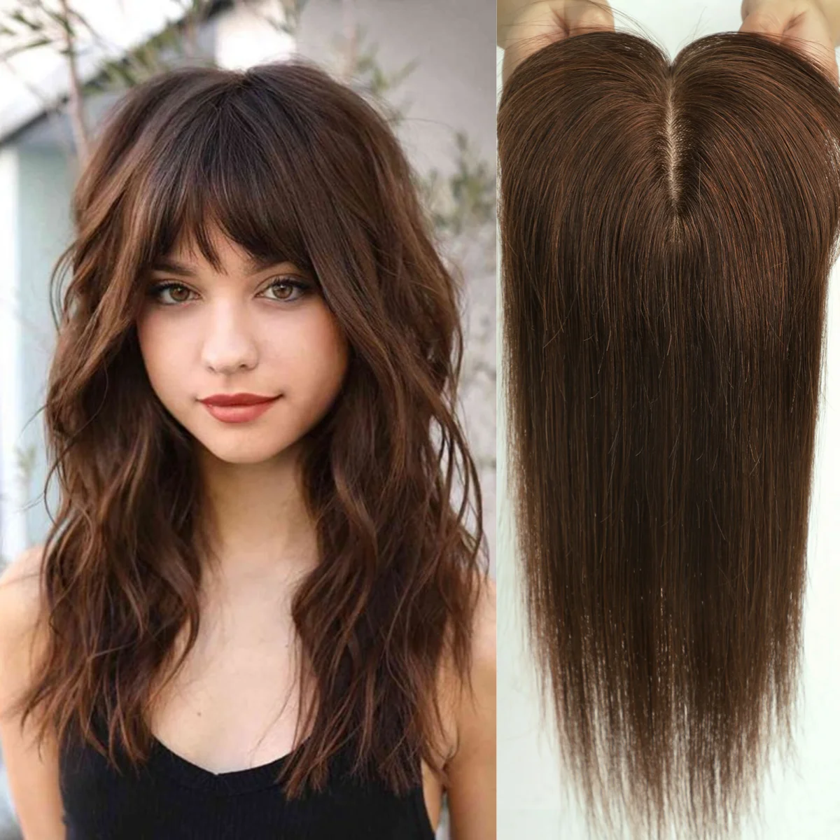 Remy 100% Human Hair Toppers Silk Base Brown Wig with Clips Natural Looking Hairpiece for Women with Thinning Hair Daily Party