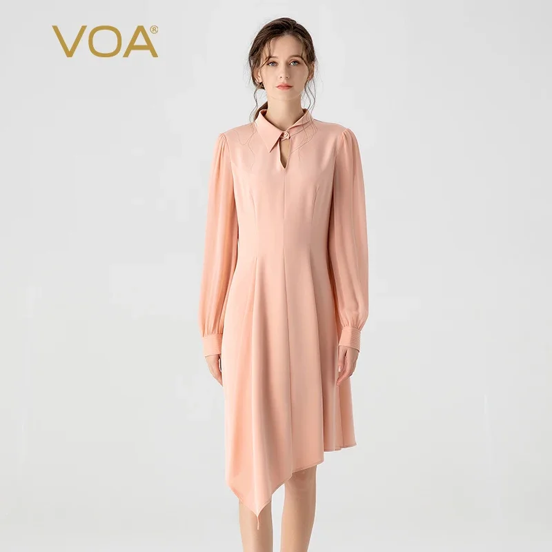 

VOA 36 Momme Elastic Heavy Crepe Silk Asymmetrical Half Open Collar Shirt Long Sleeves Irregular Hemline Dresses Women AE1882