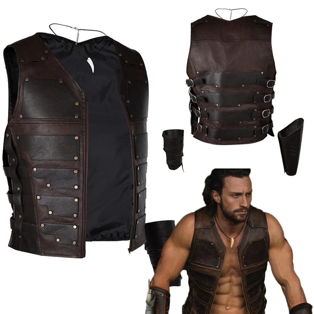 Movie Hunter Kraven Cosplay Costume Adult Men Vest Handguard Sleveless Leather Jacket Halloween Party Carnival Role Play Suits