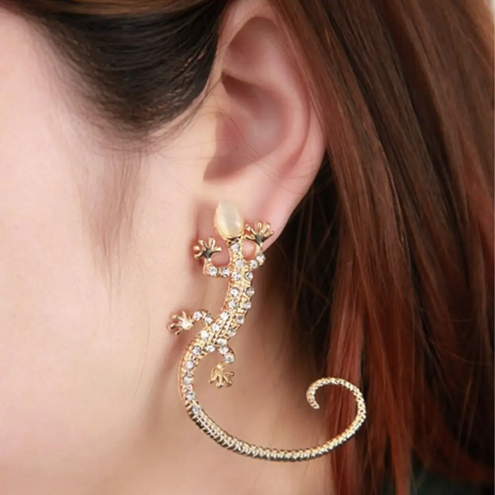 Long Metallic Full Rhinestone House Lizard Gecko Ear Wrap Golden Silver Plated Ear Cuff Clip Earrings for Women Jewelry