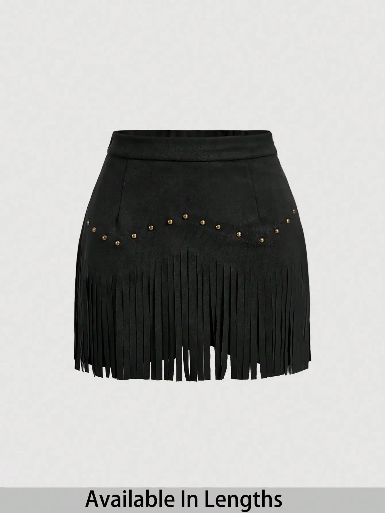 

Black Suede A-Line Skirt with Rivets and Fringe Detail