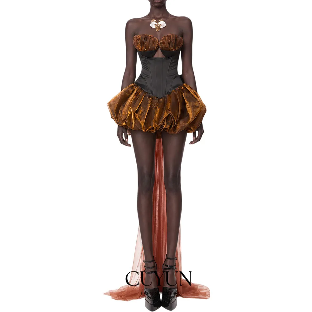 CUYUN Brown Sleeveless Ruched Mini Dress Customized Chic Shell Collar Short Prom Gown Party Dresses with Train Cocktail
