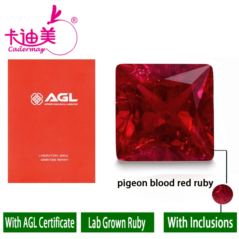 CADERMAY Square Shape Lab Grown Pigeon Blood Red Ruby Loose Stones With Inclusion AGL For Customized Smart Jewelry