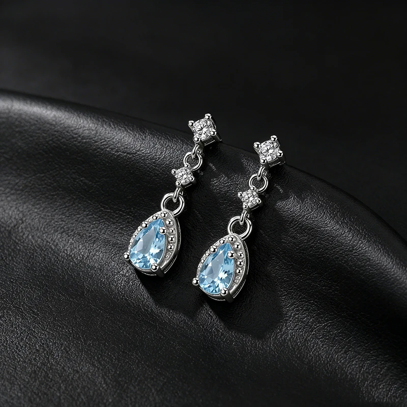 OZAN S925 Sterling Silber Hängeohrringe Tropfenform Meerblaue CZ Trendiger Klassischer Damenschmuck Jubiläums-Geburtstagsgeschenk – Detail 2