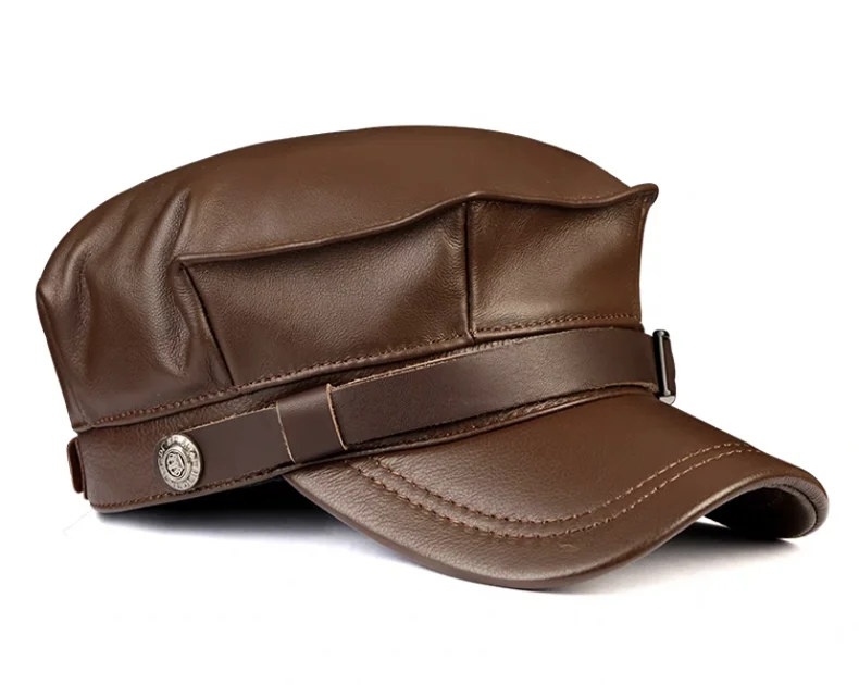 Winter Echt leder Mütze Herren flache Kappen Armee Militär hut Gürtel elegante Mann Baseball mütze britische Vintage Rindsleder Ohr warmen Hut – Detail 7